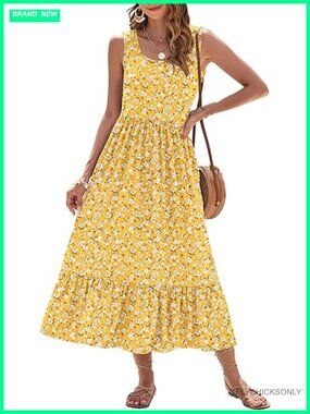Sleeveless Square Neck Maxi Dress with Pockets Tiered Swing Silhouette